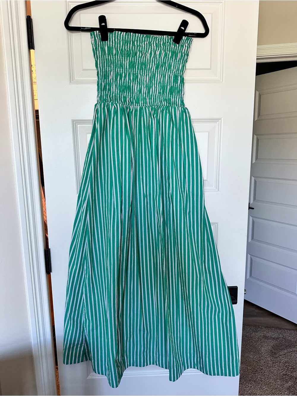 Striped Green and White Strapless Smocked Maxi Dress